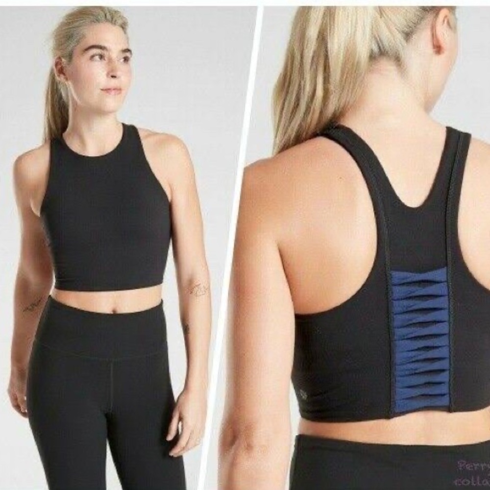 Athleta Black Crop Sports Bra with Blue Ladder Back Detail